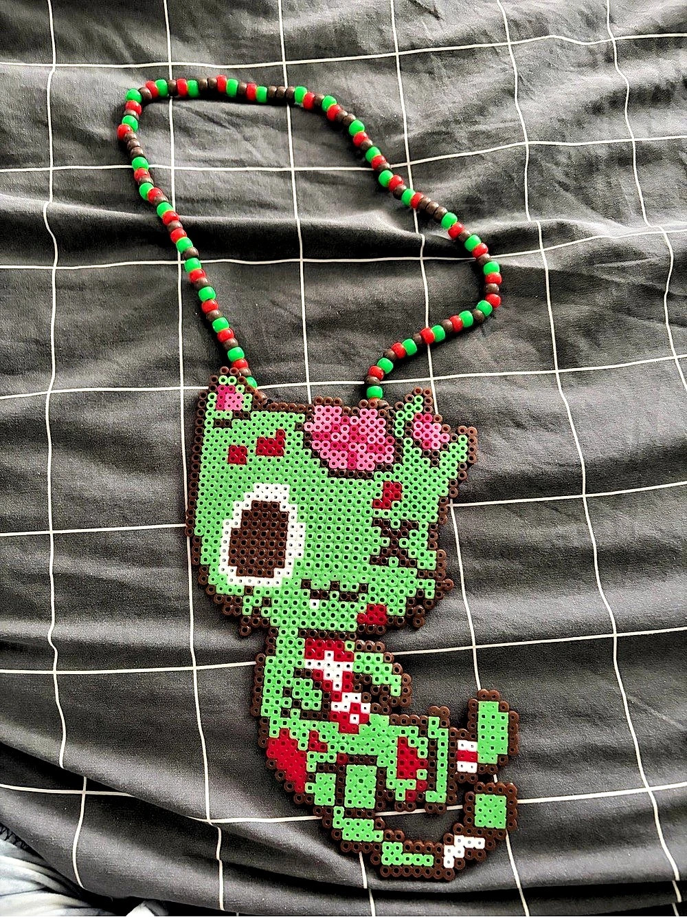 Beaded Character Pendant Necklace in Green & Pink